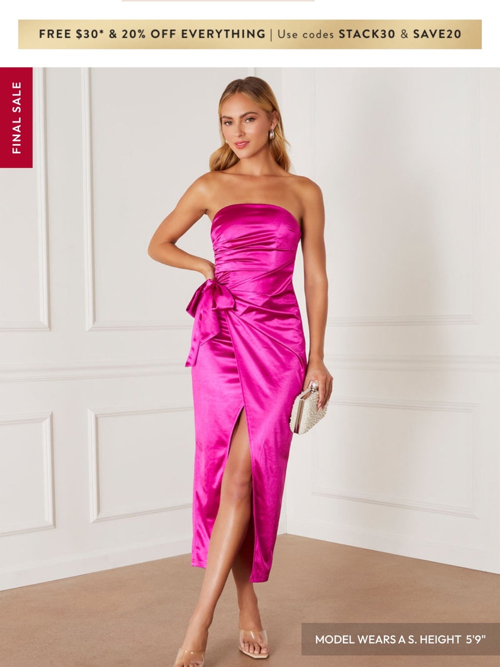 Vici Strapless Hot Pink Satin Midi Dress with Side Bow